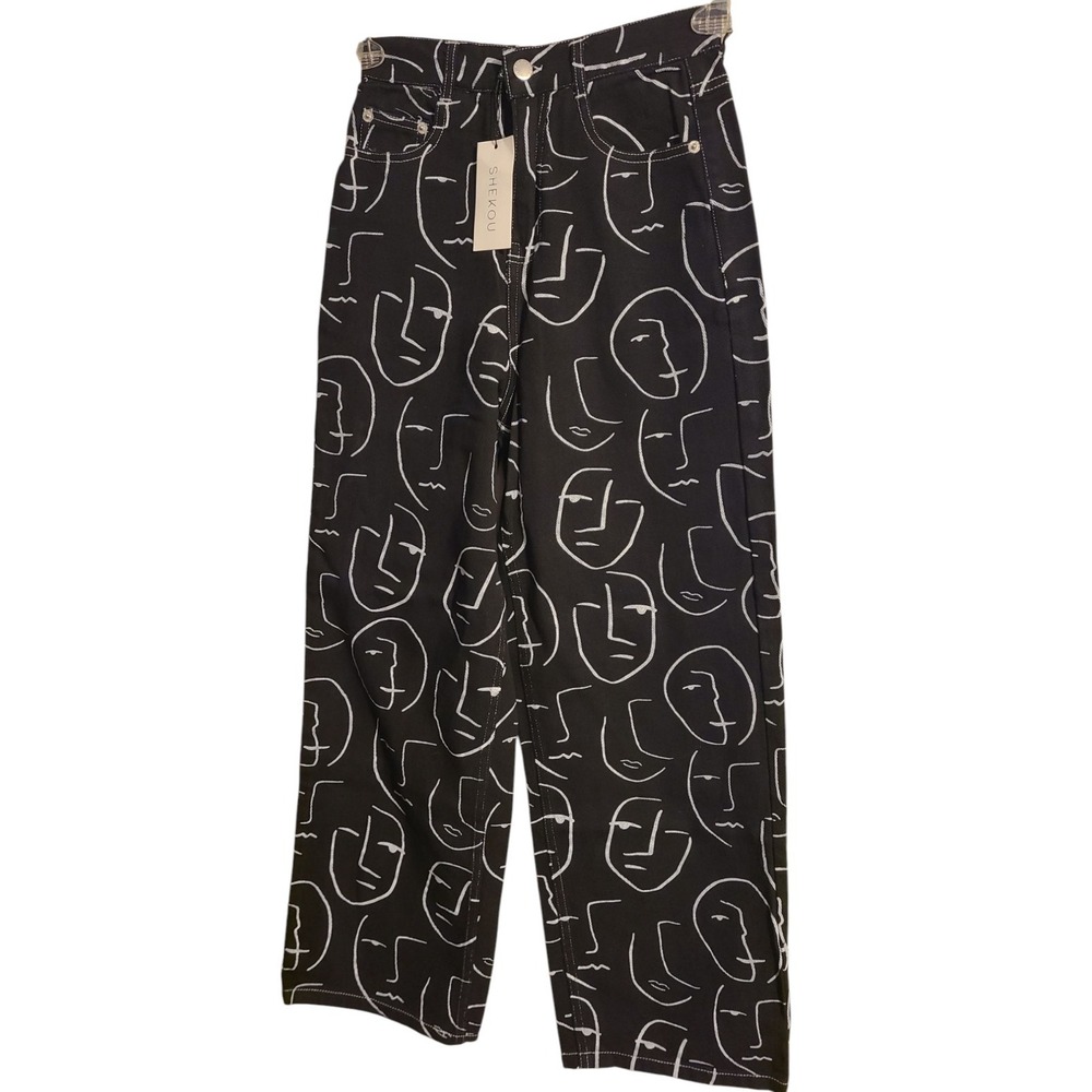 Shekou Jeans Womens Small Little Things Wide Black/White Wide Legs‎